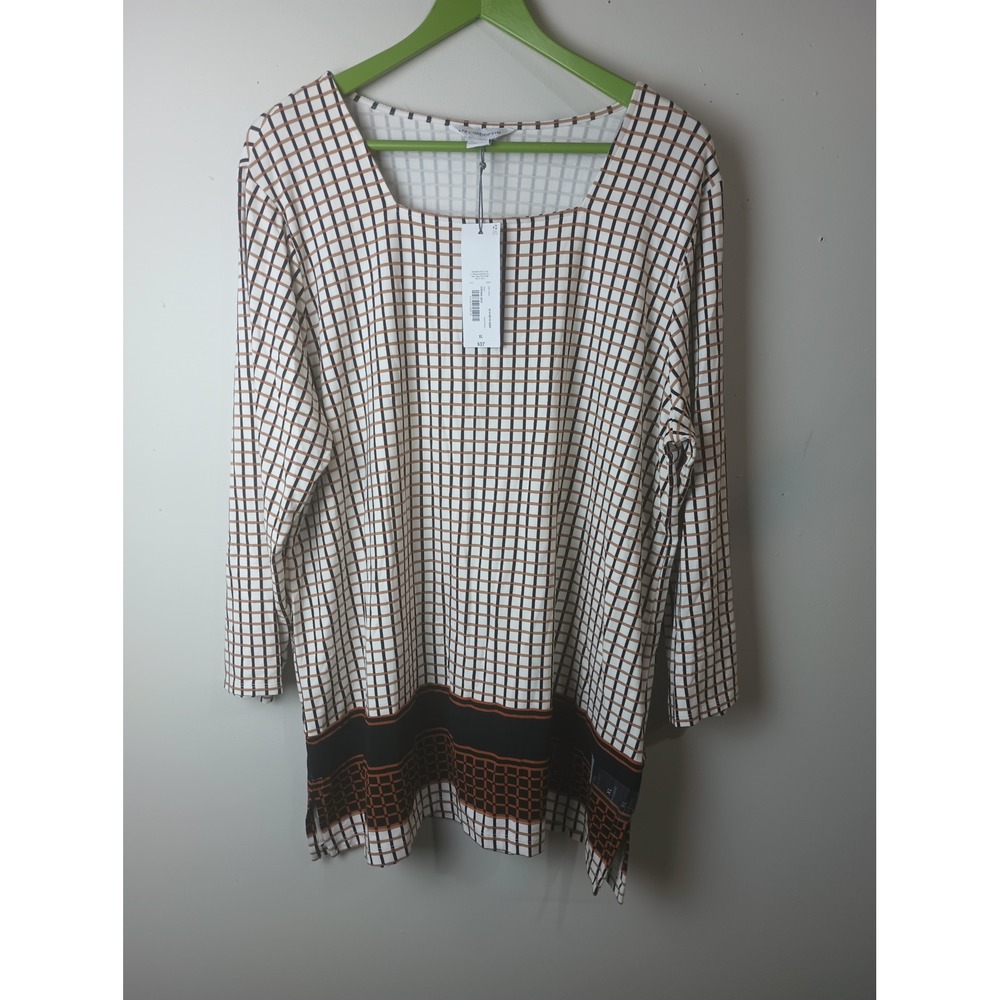 Liz Claiborne Womens XL Tunic Top 3/4 Sleeve Square Neck Crema Geo Grid NWT